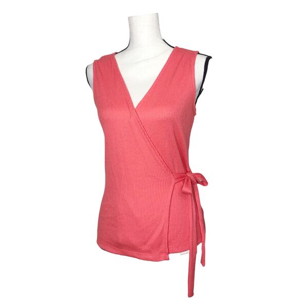 Gap Top Bright Coral Ribbed Knit Wrap Tank Summer Casual V Neck xs - Picture 1 of 8